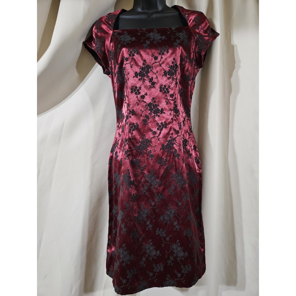 CDC Burgundy‎ Floral Brocade Dress USA Square Neck Cap Sleeve Sz 4 Whimsigoth